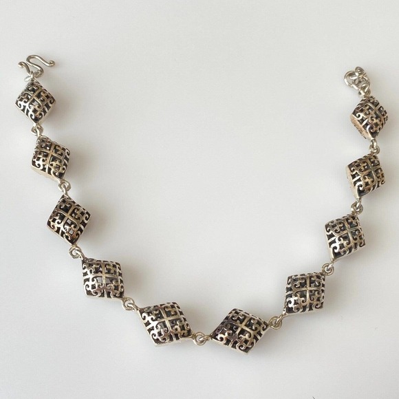 Vintage 925 Sterling Silver Filigree Heart Openwork Chain Link Bracelet - Picture 4 of 4